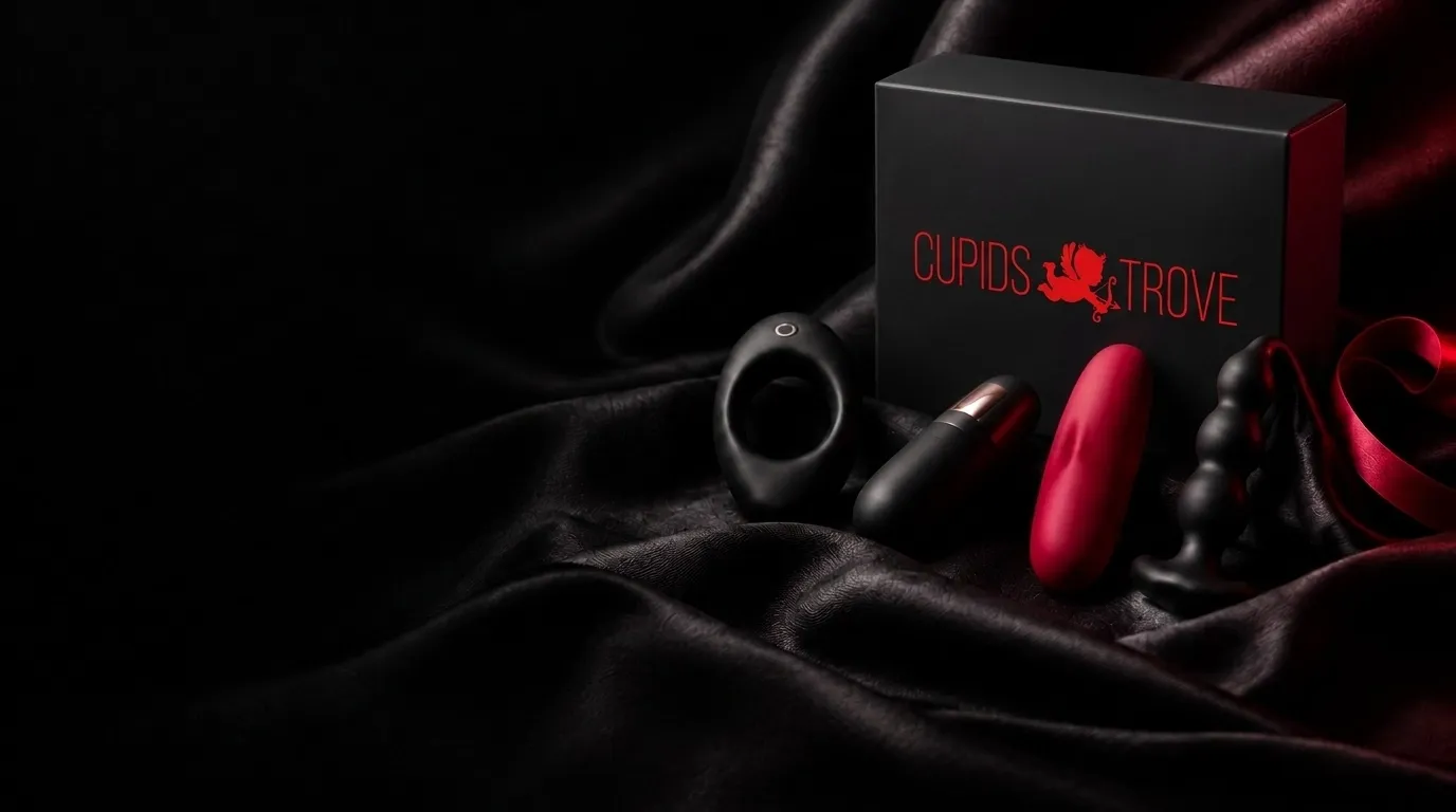 Cupidstrove logo printed on a black presentation box among intimate wellness products